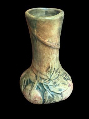 A Weller Pottery Apple Tree bud vase with molded leaves and vine